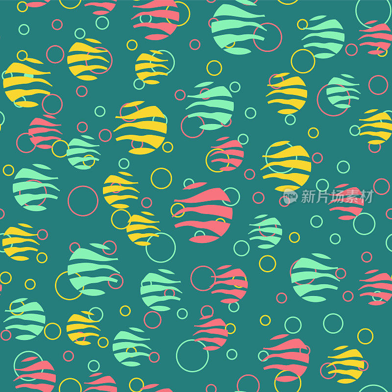 Colorful circles seamless pattern. Geometric background in trendy colors: pale pink, navy blue, mint, coral. Different textures of circles. Design for prints, posters, fabrics, paper, packaging